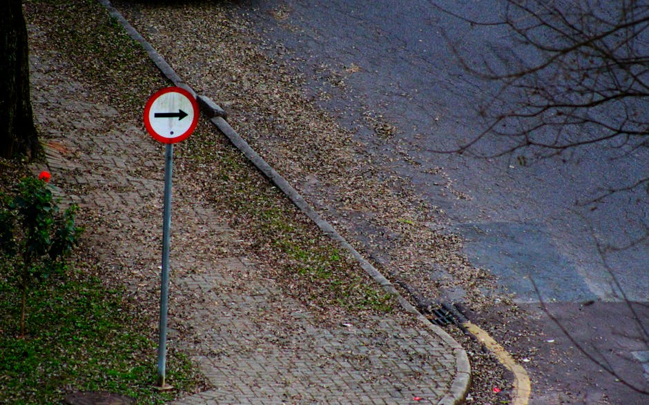A street scene showing a small circular red and white traffic sign with a black arrow pointing to the right, mounted on a grey metal pole situated on a cobbled sidewalk next to a paved road. The sidewalk is bordered by a concrete curb and a narrow strip of soil with some sparse green vegetation. The pavement and road are wet, reflecting an overcast sky, and there are fallen leaves scattered along both surfaces. In the background, bare tree branches extend into the frame, indicating a winter or early spring setting. The scene is captured from an elevated angle, providing a clear view of the sign, sidewalk, and street area. This setting is typical of a residential neighbourhood where house removals and furniture transport services by Man with Van Ickenham could be coordinated to avoid driveway damage during home relocation activities on Long Lane UB10, Ickenham.