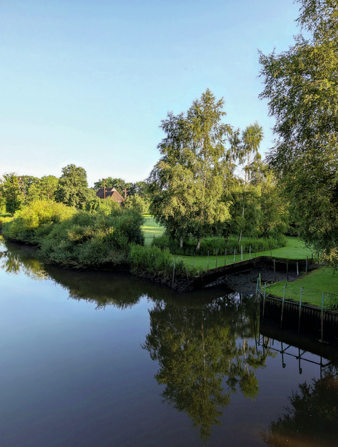 A serene riverside scene with a calm waterway reflecting the surrounding greenery and partly cloudy blue sky. On the right side, a large tree with leafy branches extends over the riverbank, adjacent t